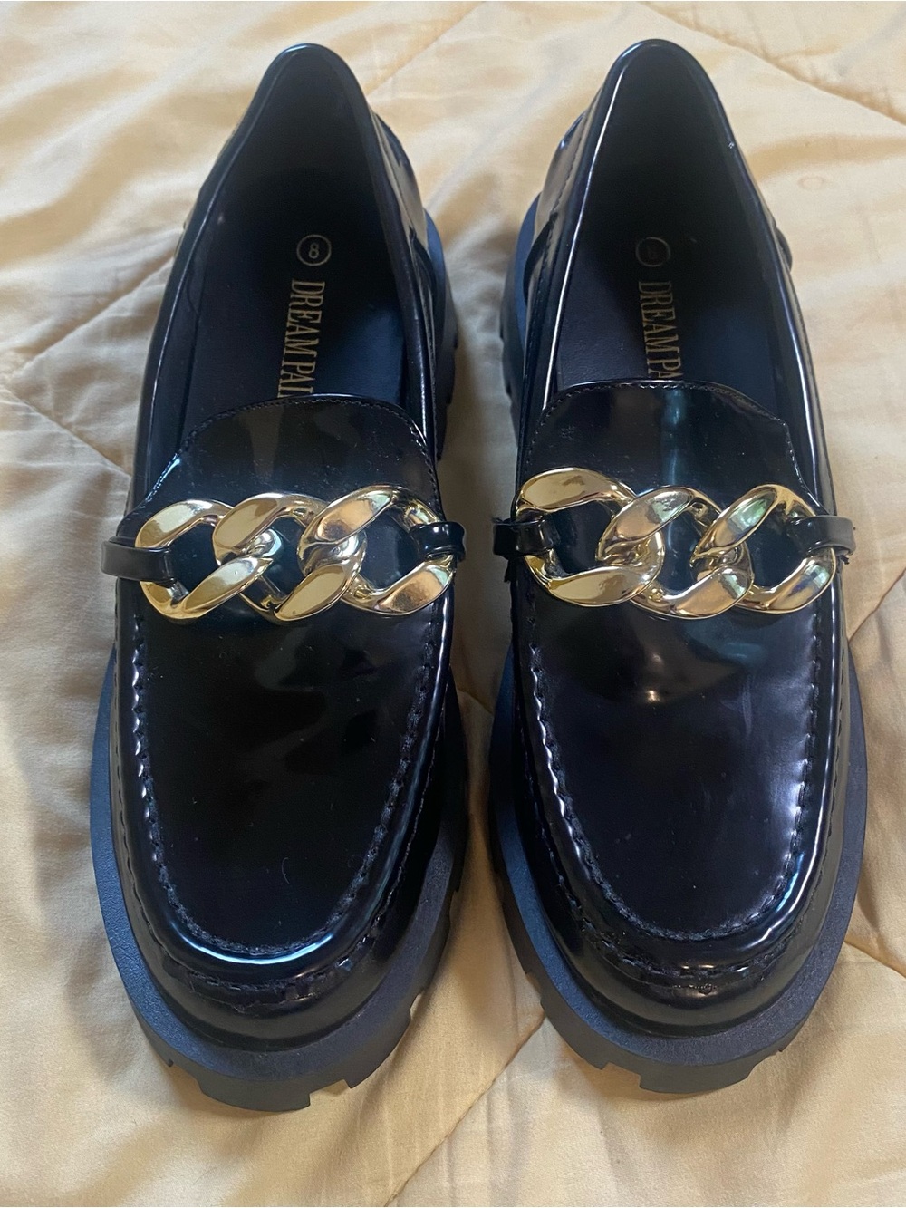 Dream Pairs Black Patent Loafers with Gold Chain Accent